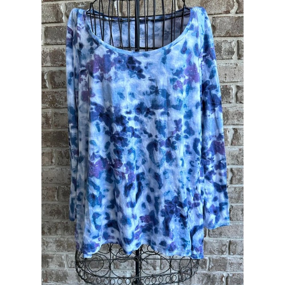 Pure Jill Split Hem Top Medium Blue White Tie Dye Watercolor Long Sleeve…